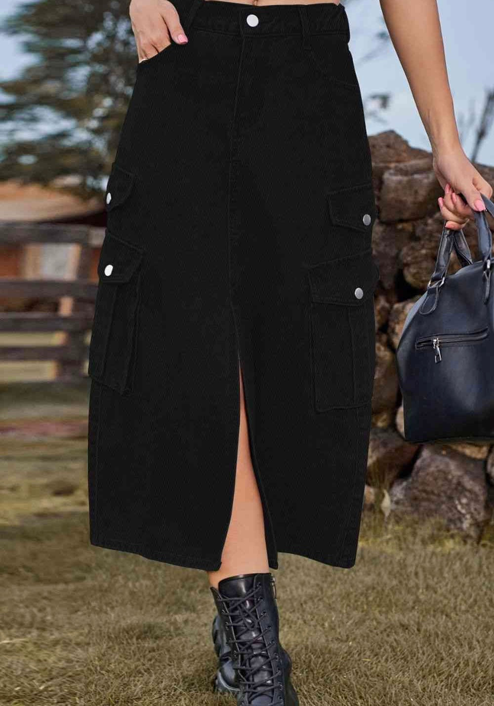 Slit Front Midi Denim Skirt with Pockets