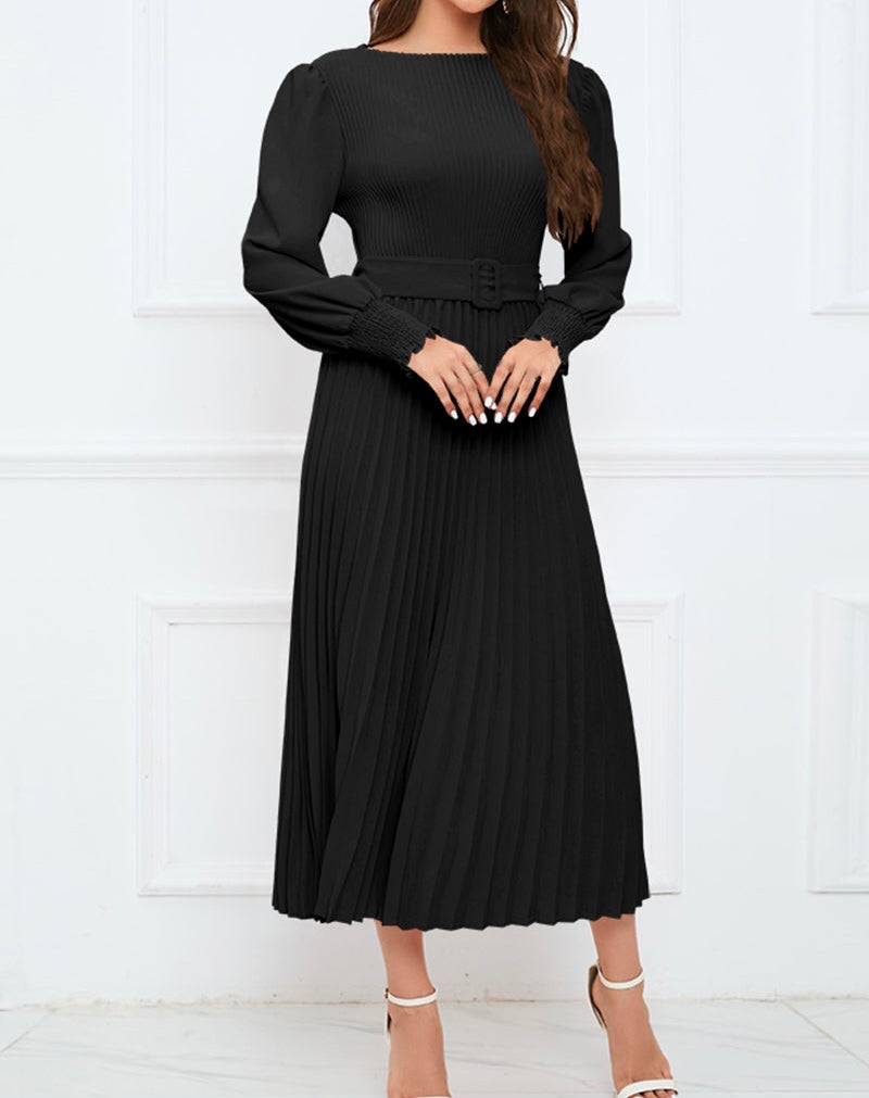 Round Neck Flounce Sleeve Pleated Dress