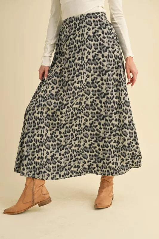 Aemi+Co leopard midi skirt with a full A-line shape and gray-black print