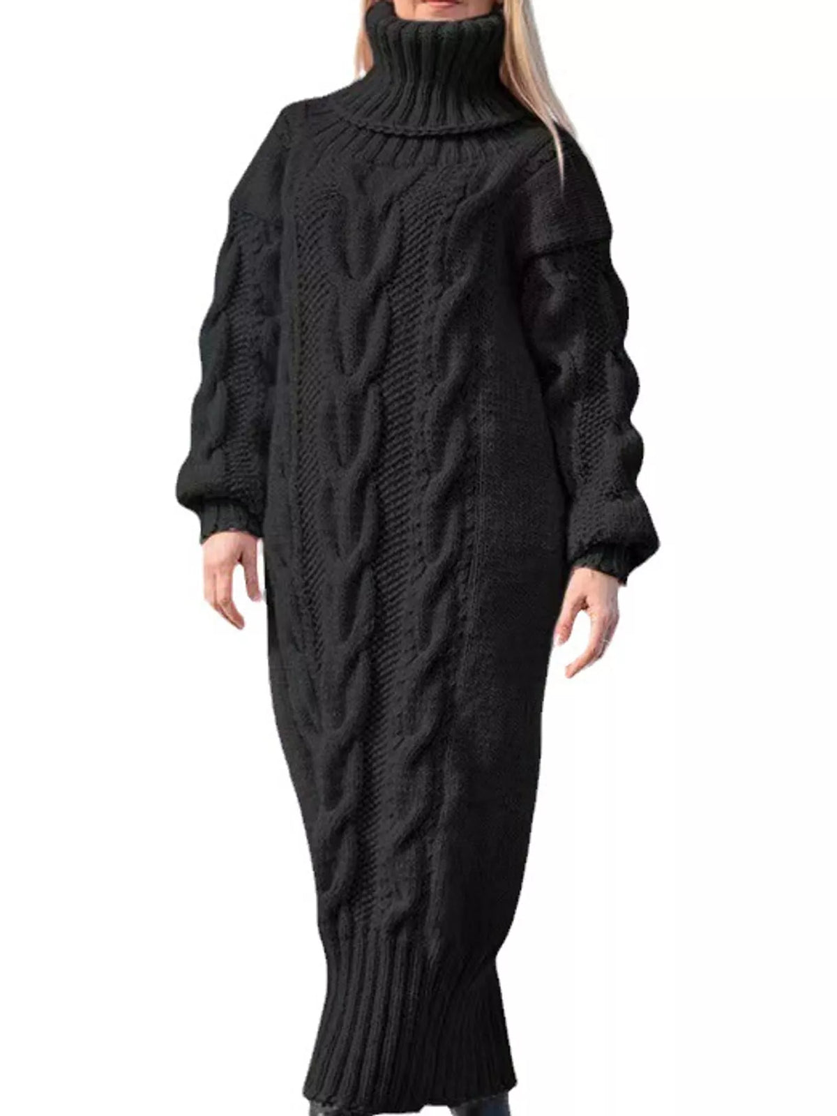 Chunky cable knit turtleneck sweater dress, dark charcoal/black, long sleeves, bodycon midi