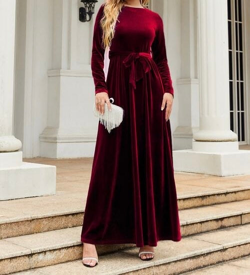 Tie Front Round Neck Long Sleeve Maxi Dress