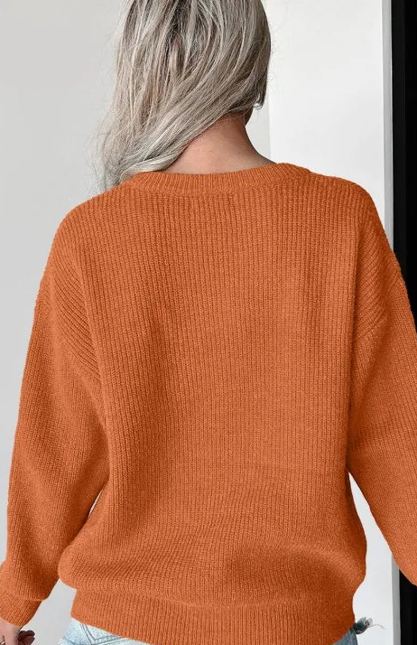 Terracotta crewneck long-sleeve sweater, plain back view