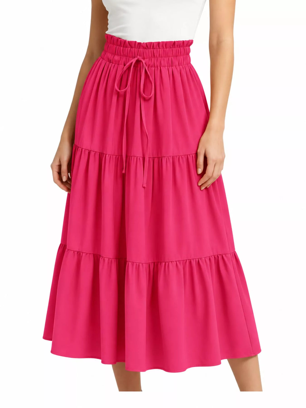 Hot pink tiered midi skirt with elastic waistband and tie drawstring, layered ruffle hem.