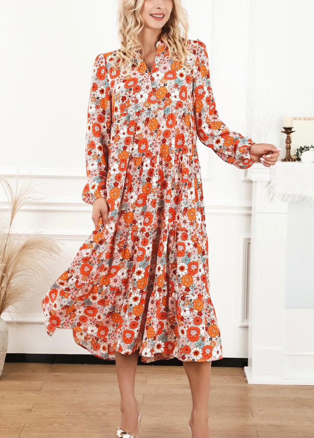 Floral Notched Neck Long Sleeve Dress