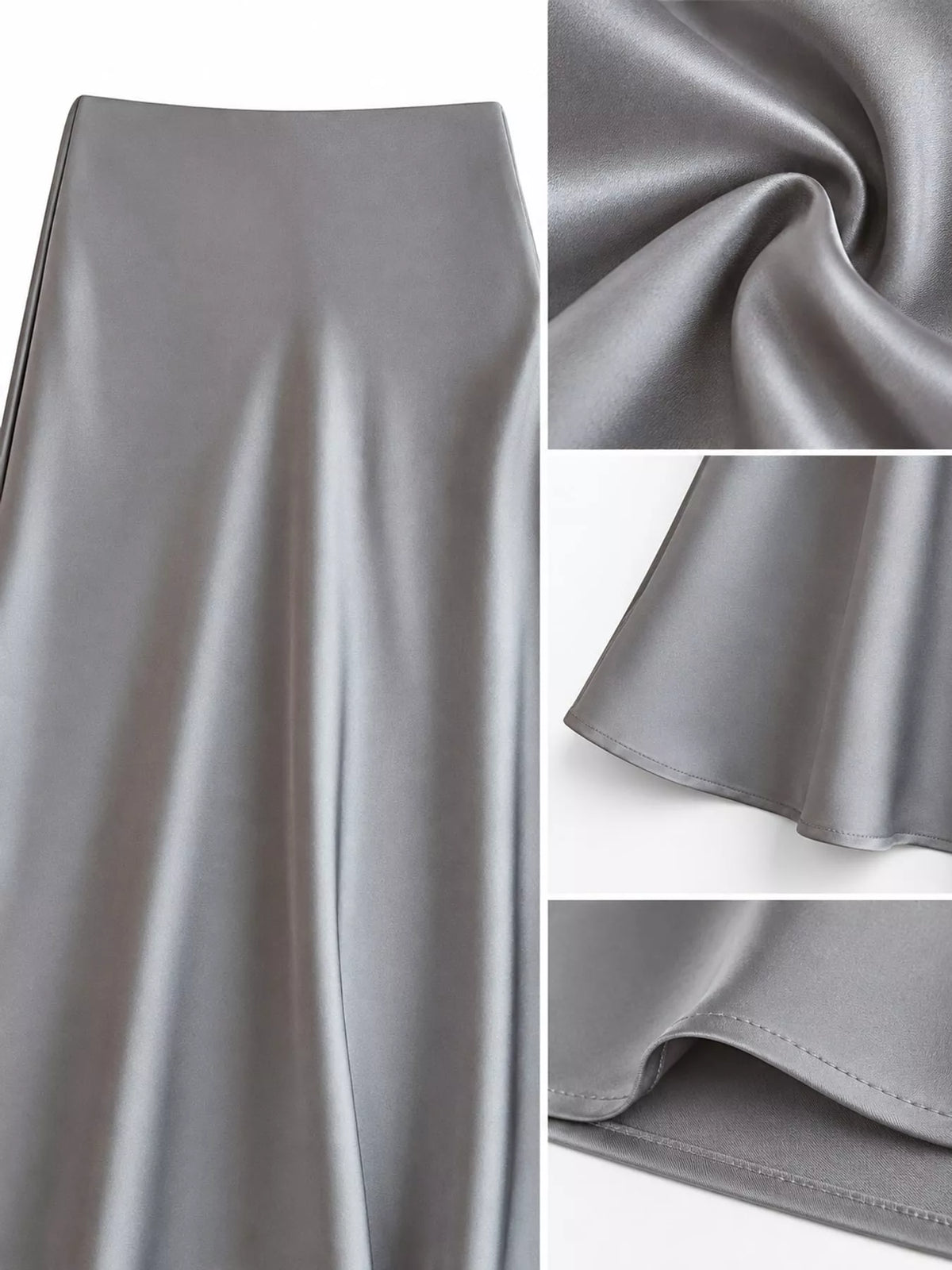 Gray satin skirt showing its smooth sheen, drape, and hem stitching