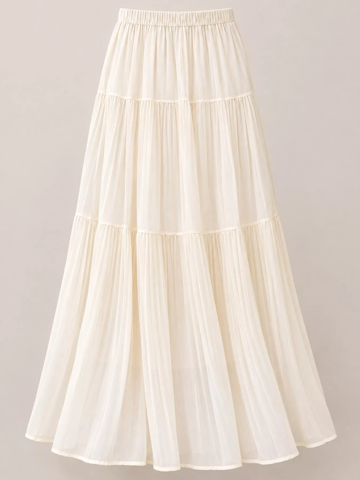 White tiered pleated maxi skirt with high elastic waistband