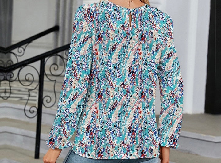 Printed Round Neck Flounce Sleeve Blouse