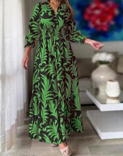 Printed Flounce Sleeve Maxi Dress