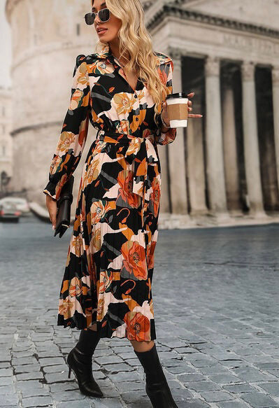 Printed Half Button Tie-Waist Pleated Dress