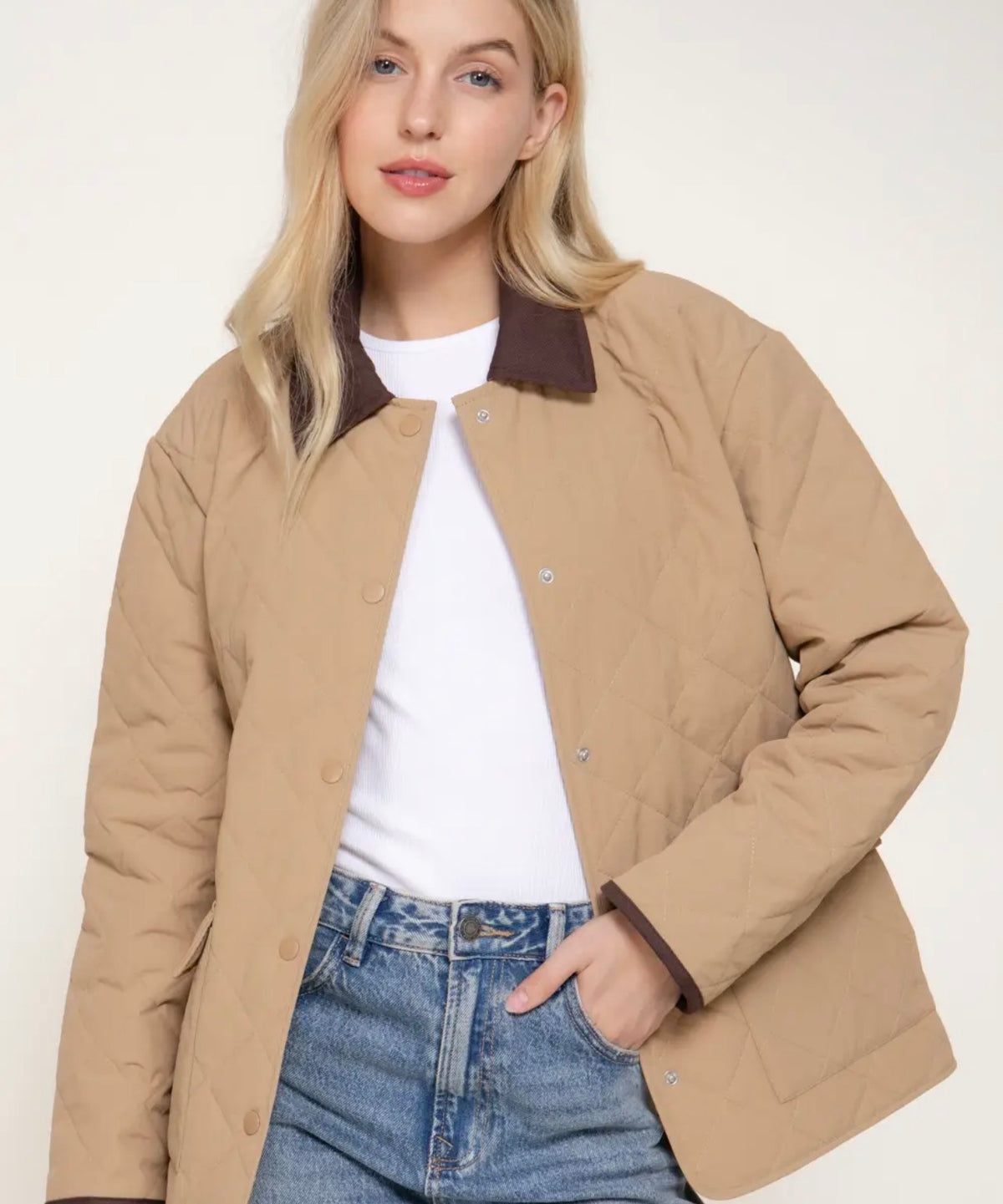 Tan quilted puffer jacket with brown lapel collar and chest pocket, button front