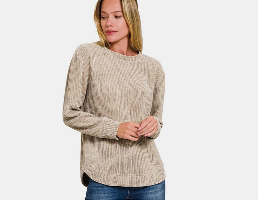 Zenana Chenille Waffle Round Neck Sweater