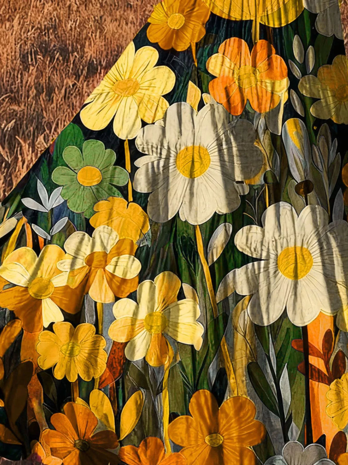 High-waisted maxi skirt floral print close-up with yellow and cream flowers