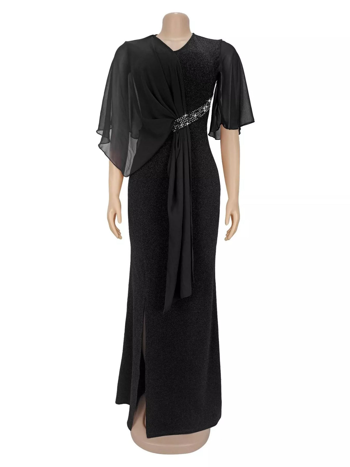 Black maxi dress with sheer flutter sleeves and sparkling trim, side drape and tie
