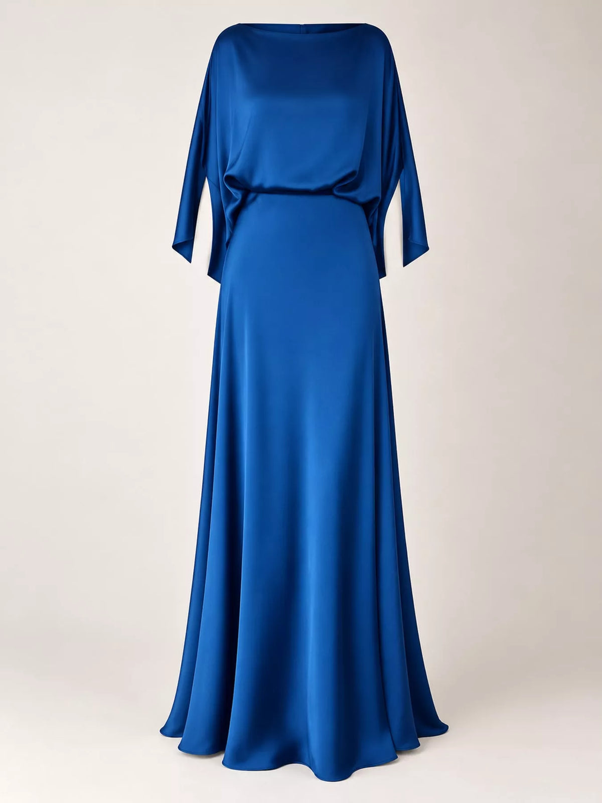 Blue satin maxi dress with square neckline and wide cape sleeves