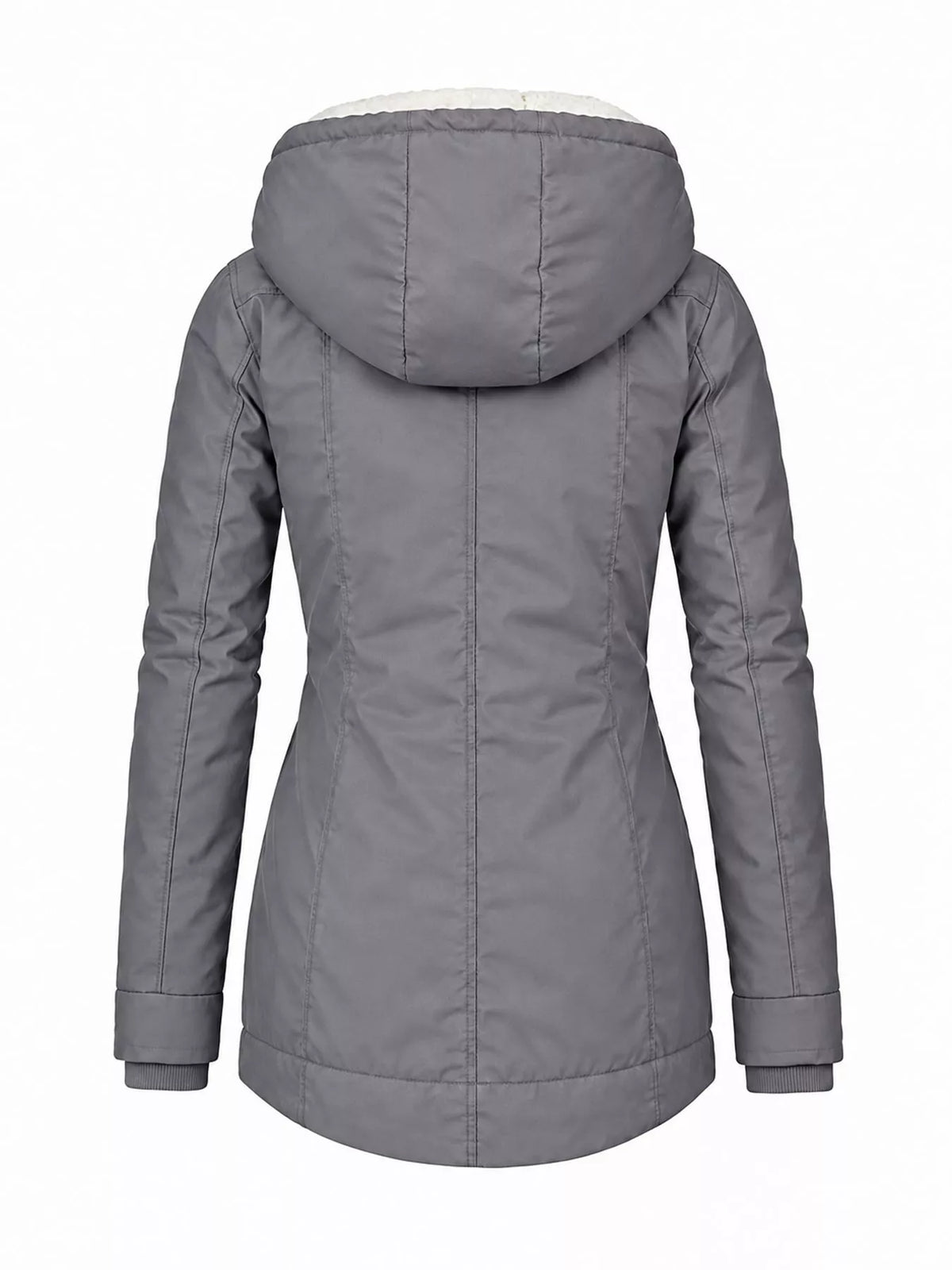Sherpa-lined hooded parka in gray with quilted panels and full-length sleeves.