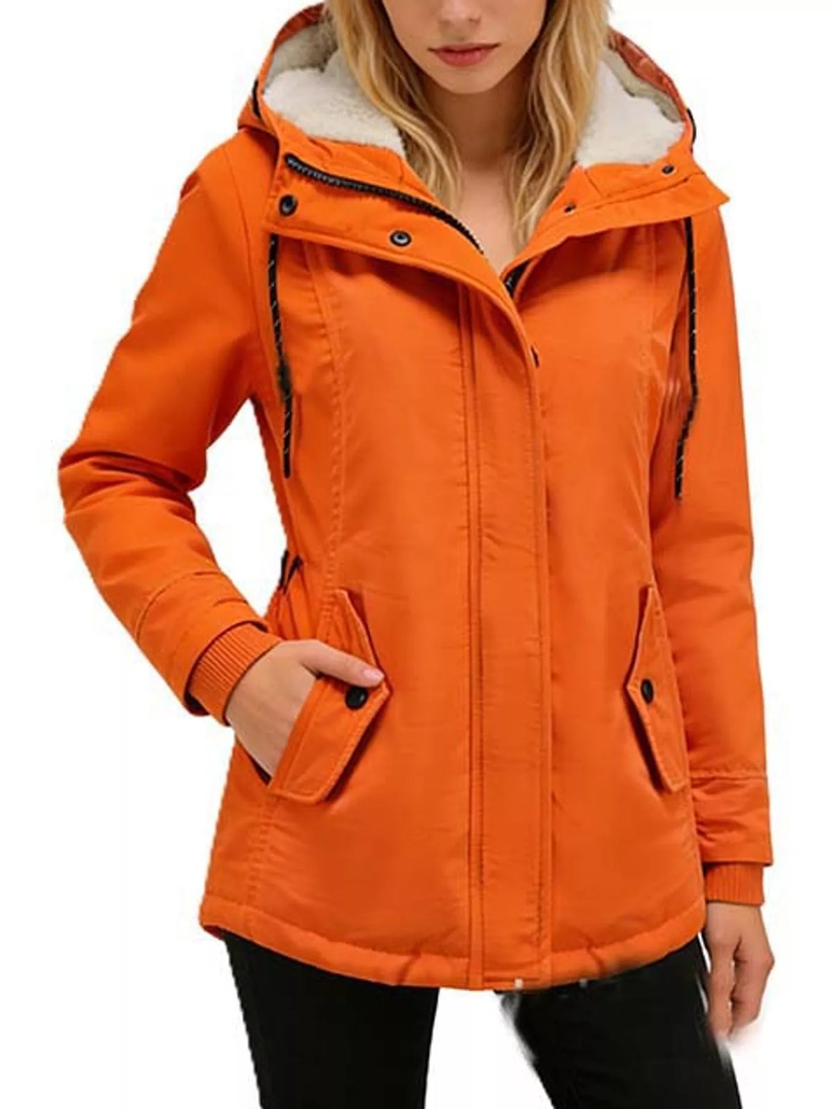 Orange hooded sherpa-lined parka with front zipper and drawstring hood