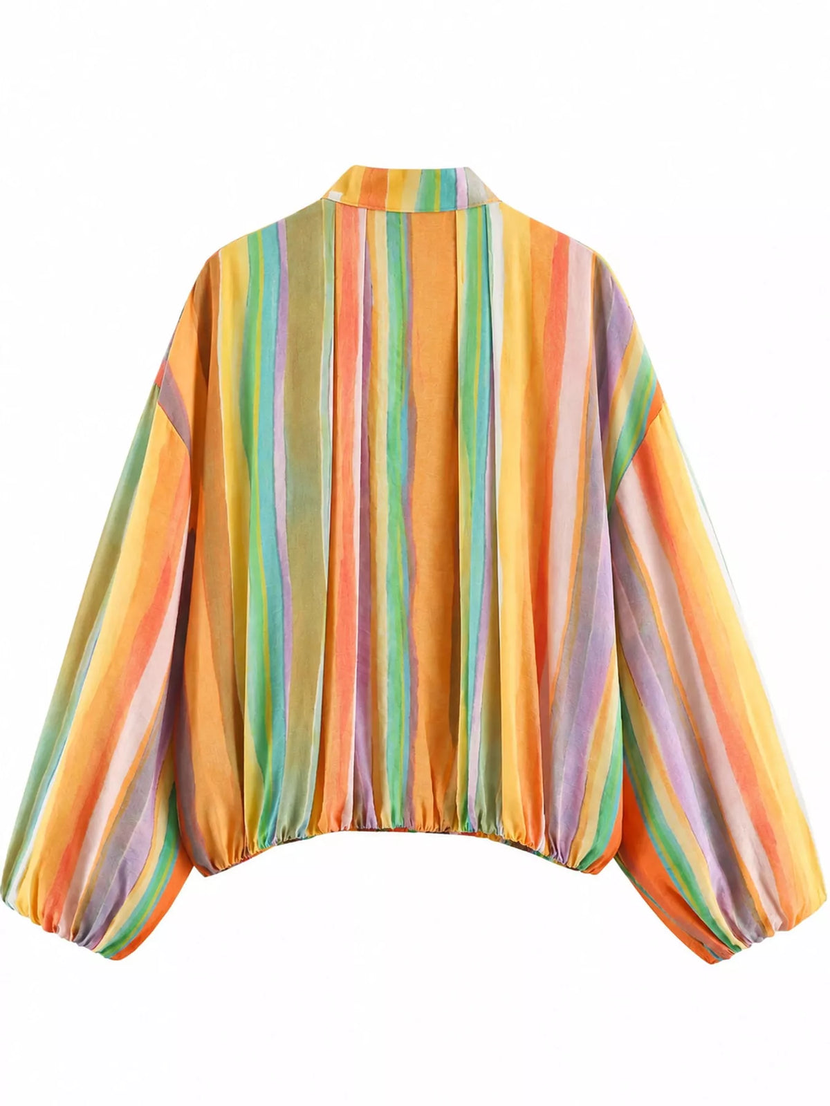 Multicolor striped lightweight zip-up jacket, back view, elastic cuffs and cropped hem