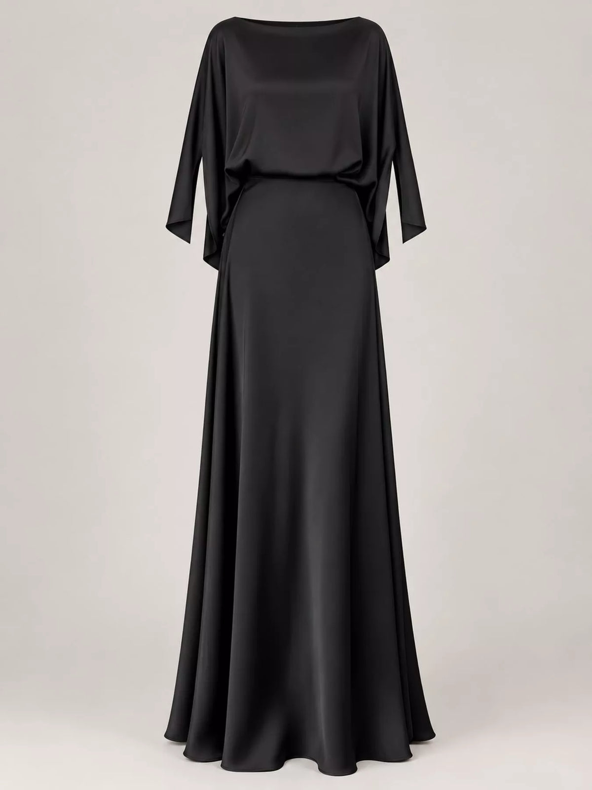 Black satin maxi dress with draped scoop neckline and elbow-length cape sleeves