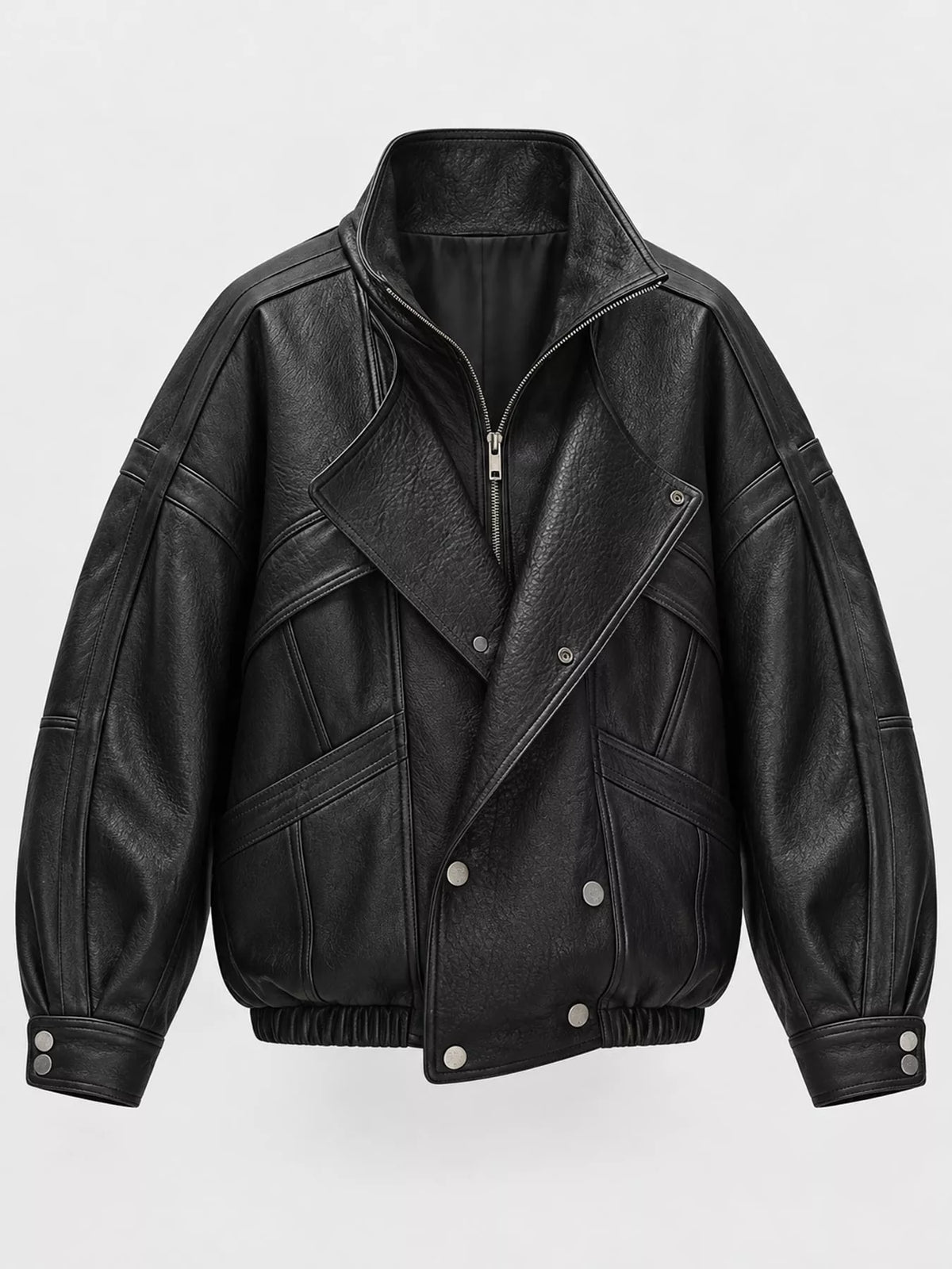 Dark leather down jacket with stand collar, zip front, snap placket, ribbed hem
