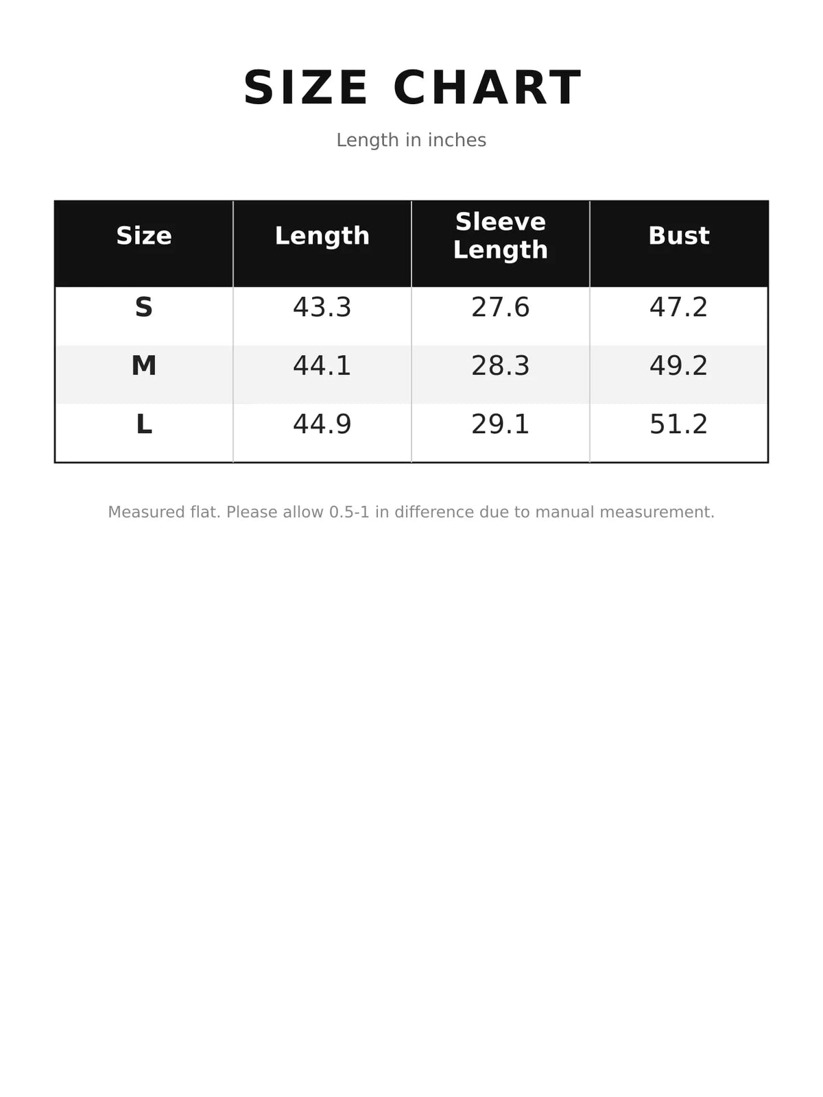 Trench coat size chart listing length, sleeve length, and bust measurements for sizes S to L.