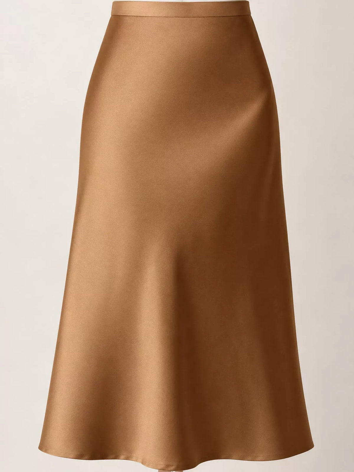 Nude satin high-waisted midi skirt, high waistband, fluid A-line skirt shape