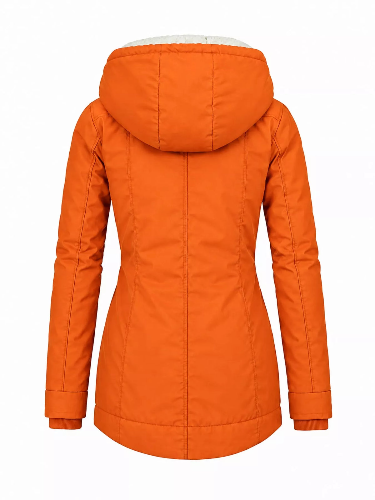 Orange sherpa-lined hooded parka, back view with quilted hood and button pockets