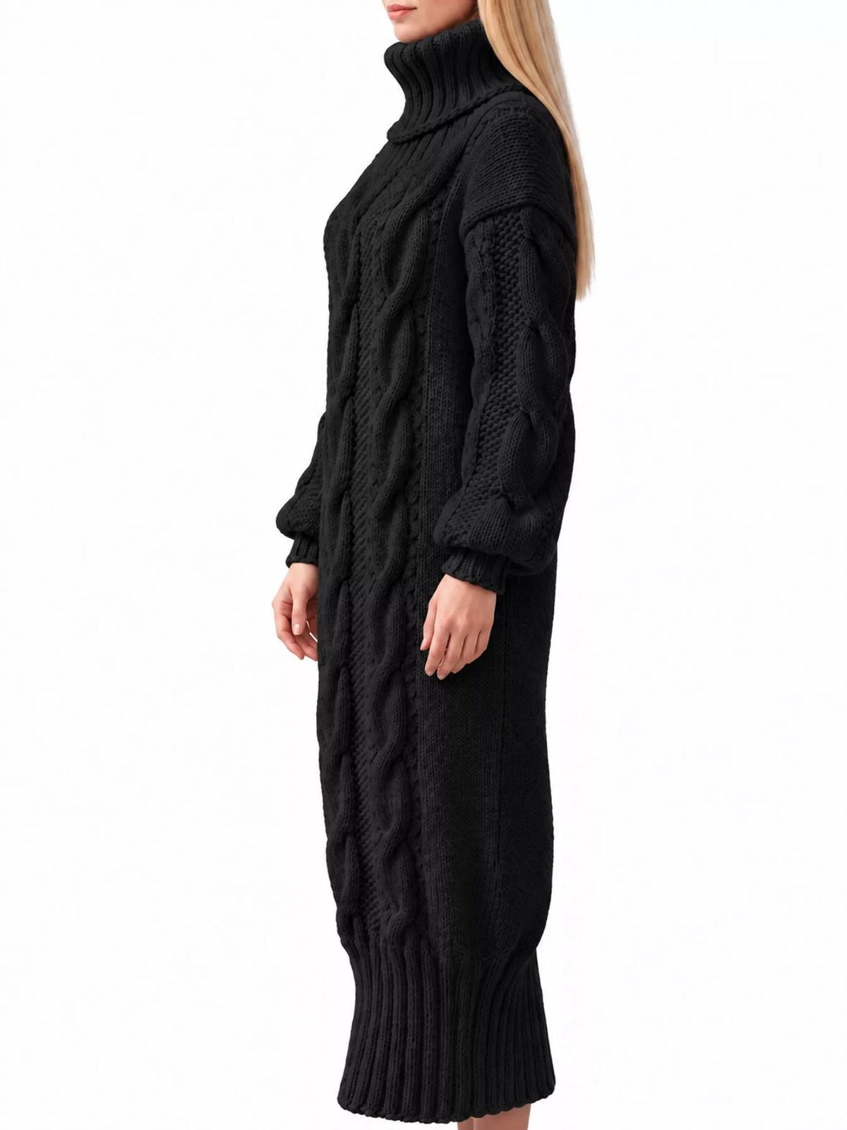 Chunky cable knit turtleneck sweater dress, black, cable pattern, long cuffed sleeves