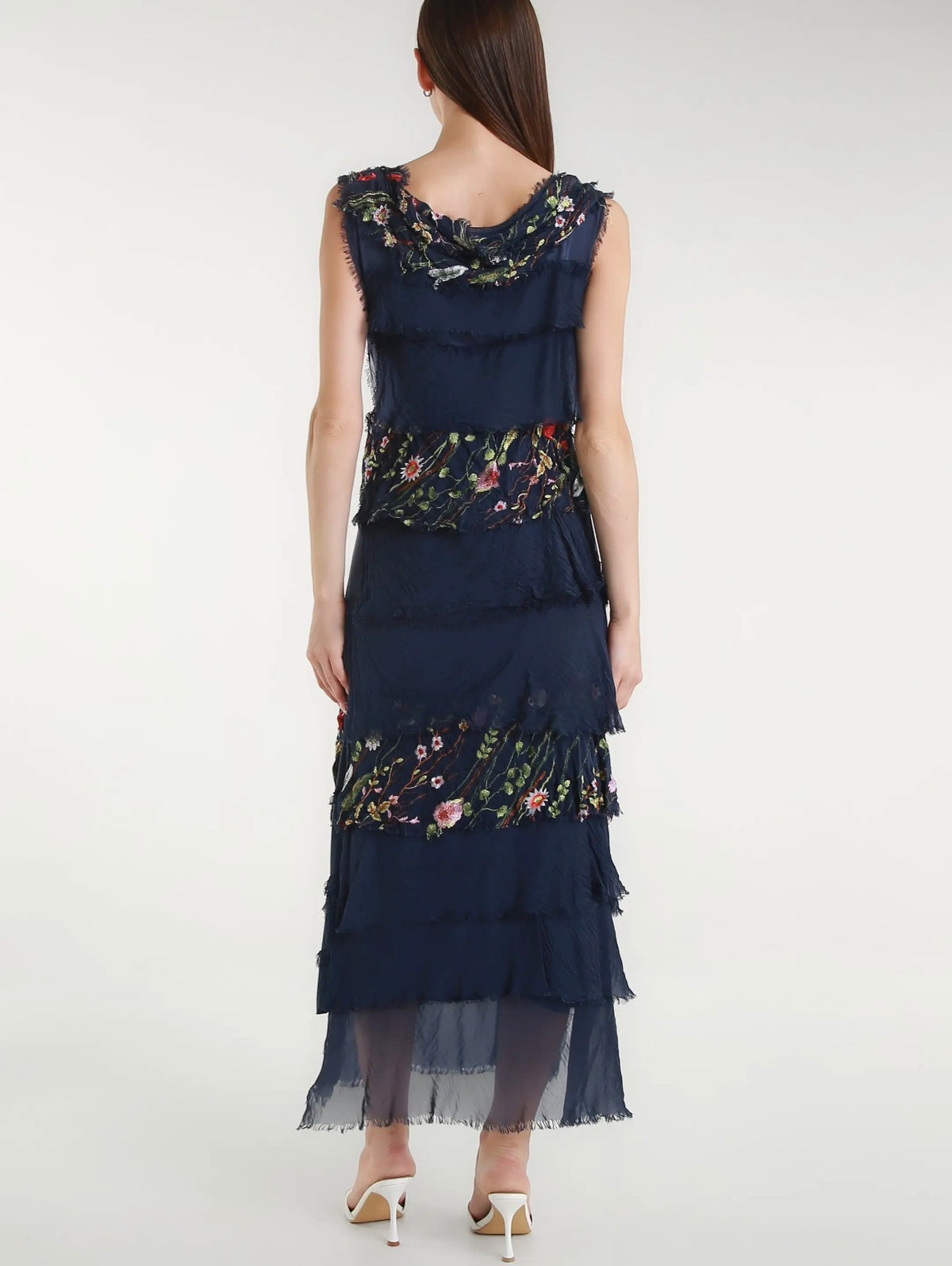 Embroidered Italian Silk Maxi Ruffle Dress (Navy)