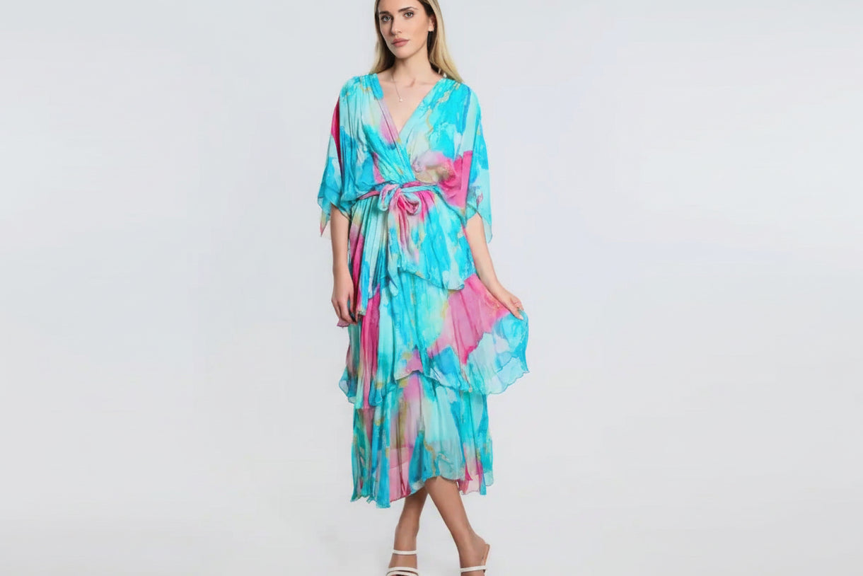 Ruffled Italian Silk Dress (Blue)