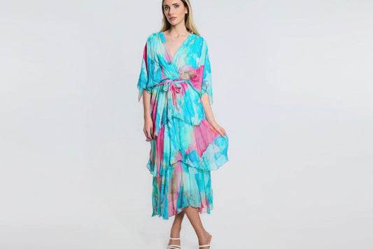 Ruffled Italian Silk Dress (Blue)