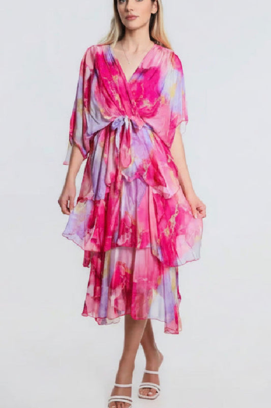 Ruffled silk midi dress with pink floral print, V-neck, gathered waist, layered skirt