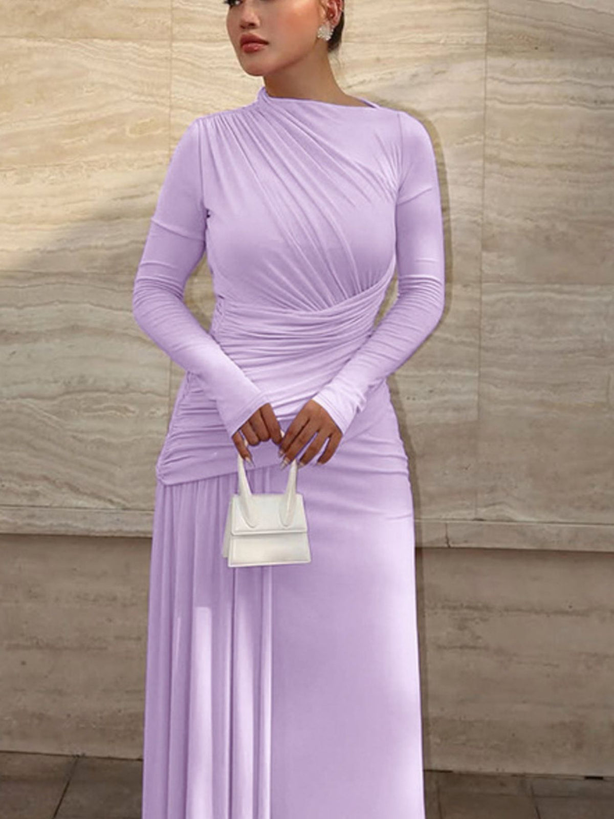 Lilac ruched long-sleeve mermaid maxi dress, gathered side waist and smooth fitted skirt