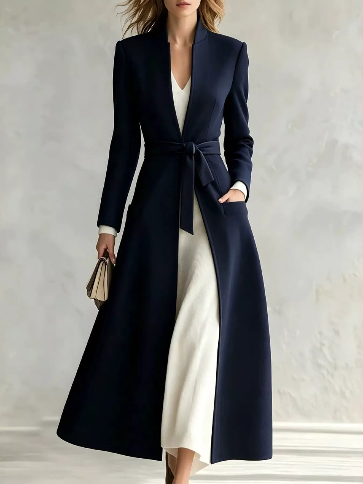 Navy tie-waist long sleeve coat with V-neck and self-tie belt