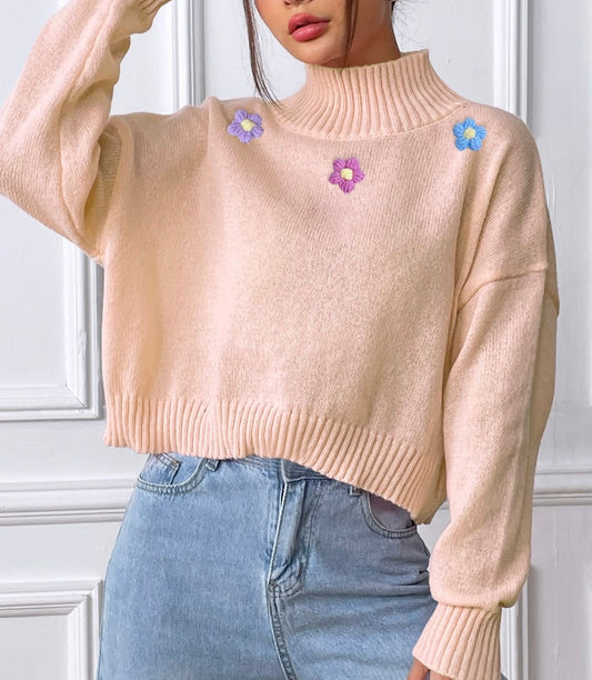 Flower Turtleneck Long Sleeve Sweater