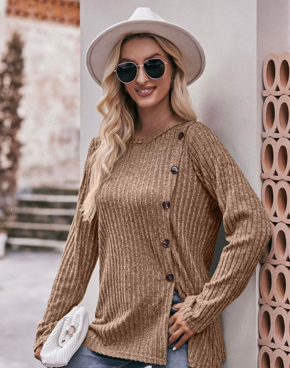 Double Take Ribbed Round Neck Buttoned Tee