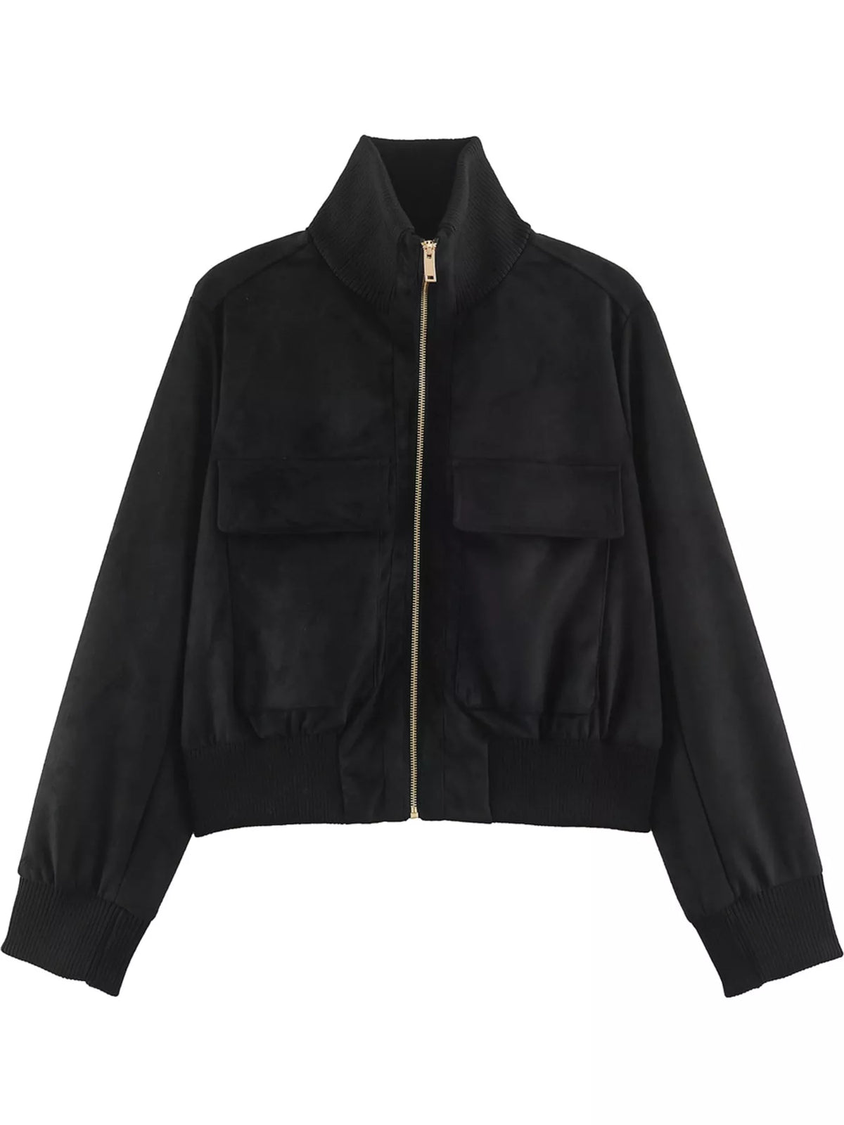 Front zip-up long-sleeve jacket in black with two flap chest pockets