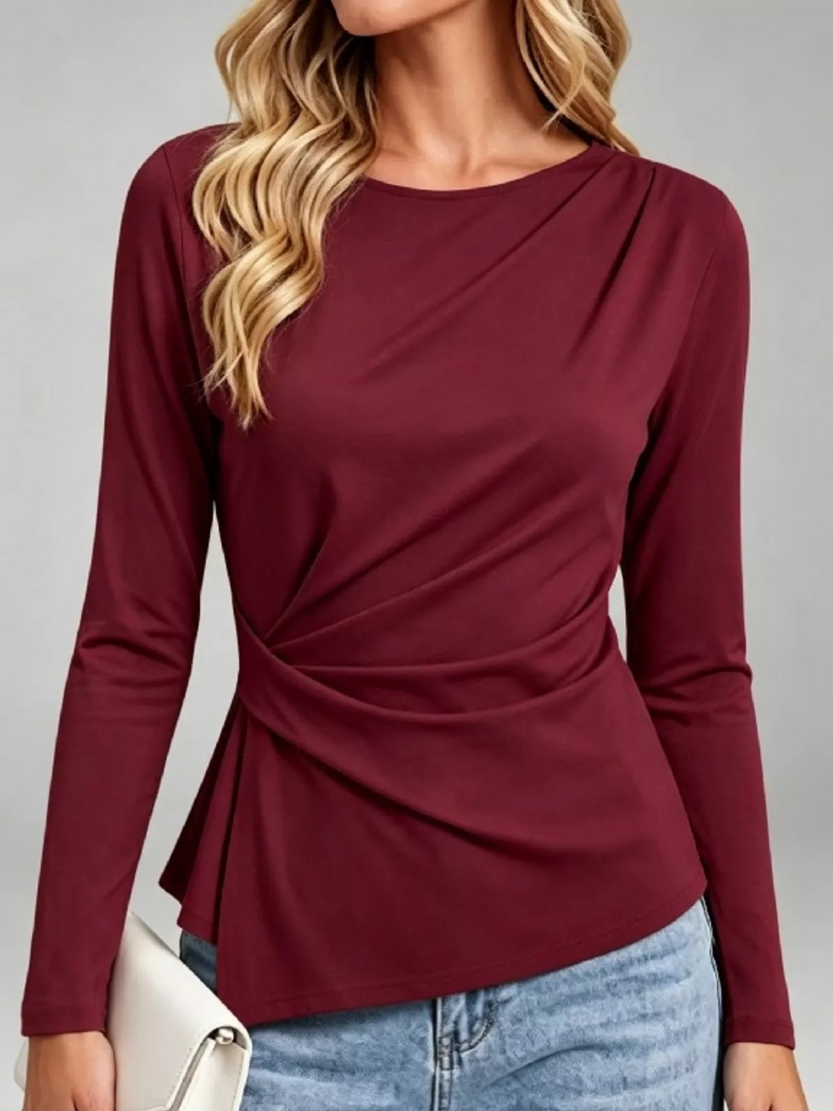 Burgundy ruched-waist long-sleeve t-shirt with side gathered front
