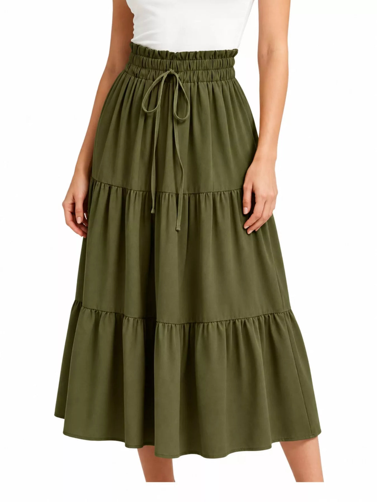 Olive green tiered midi skirt with elastic waist, drawstring, and tiered ruffle layers