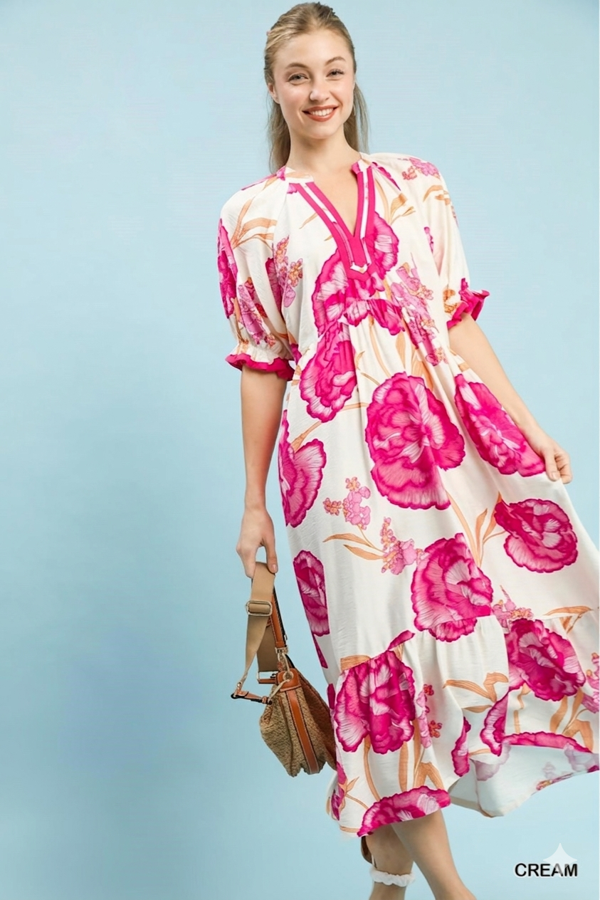 Umgee Floral Print Midi Dress with Contrast Trim
