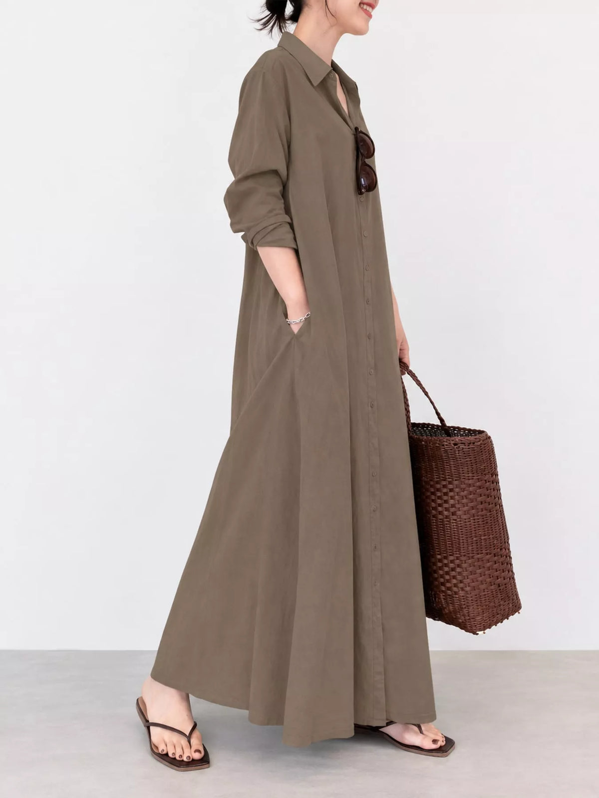 Olive brown button-front long sleeve maxi shirt dress, side view