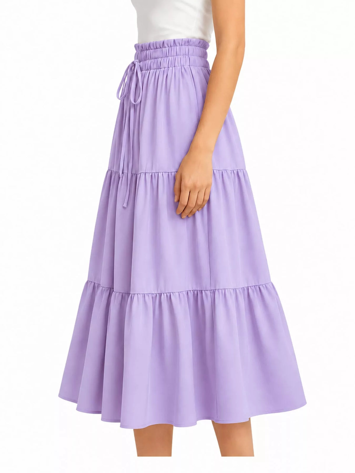 Lavender tiered midi skirt, elastic waistband and drawstring, tiered ruffles