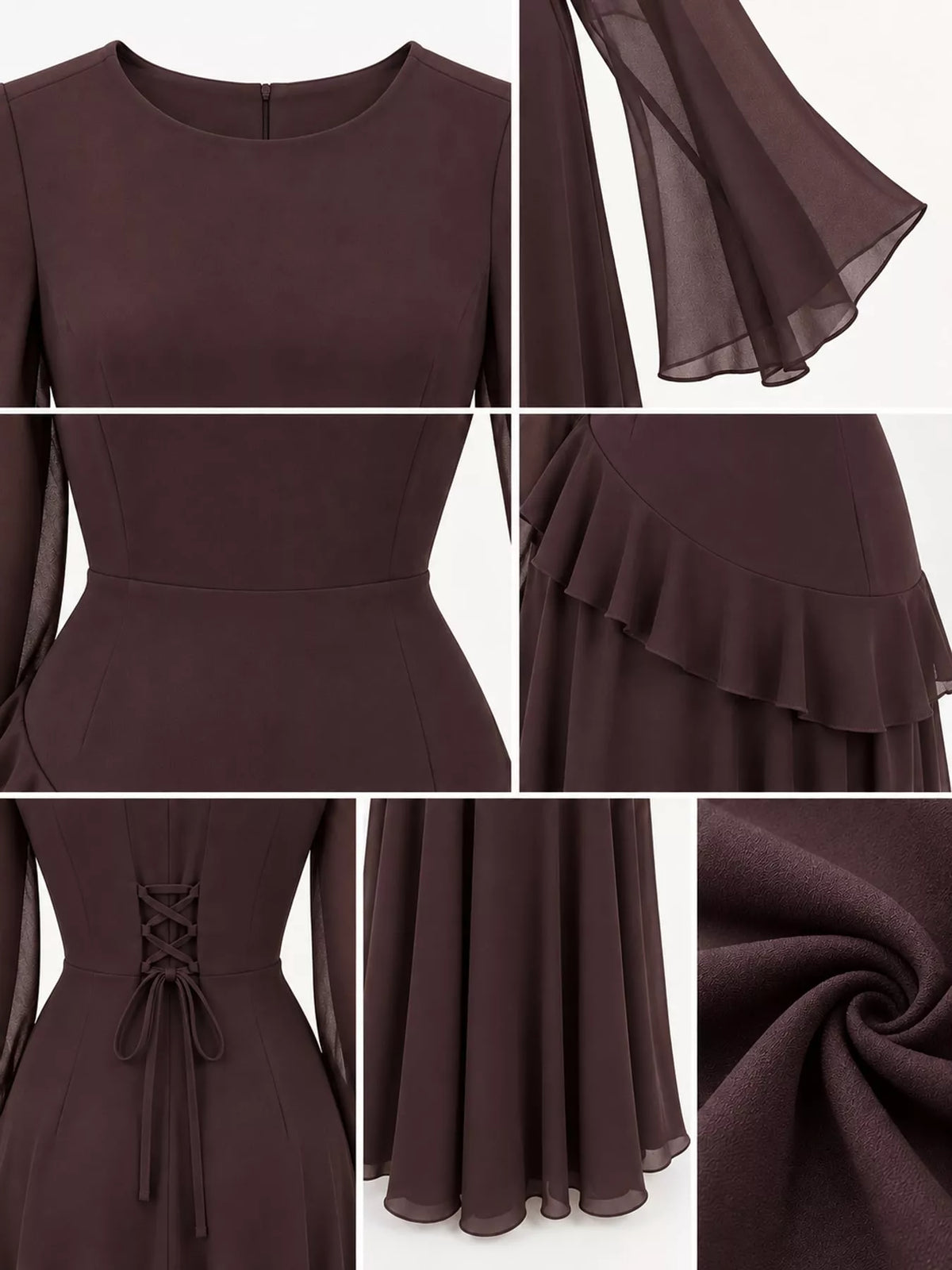 Plus size ruffled flare sleeve maxi dress in dark plum, front waist tie and layered ruffles
