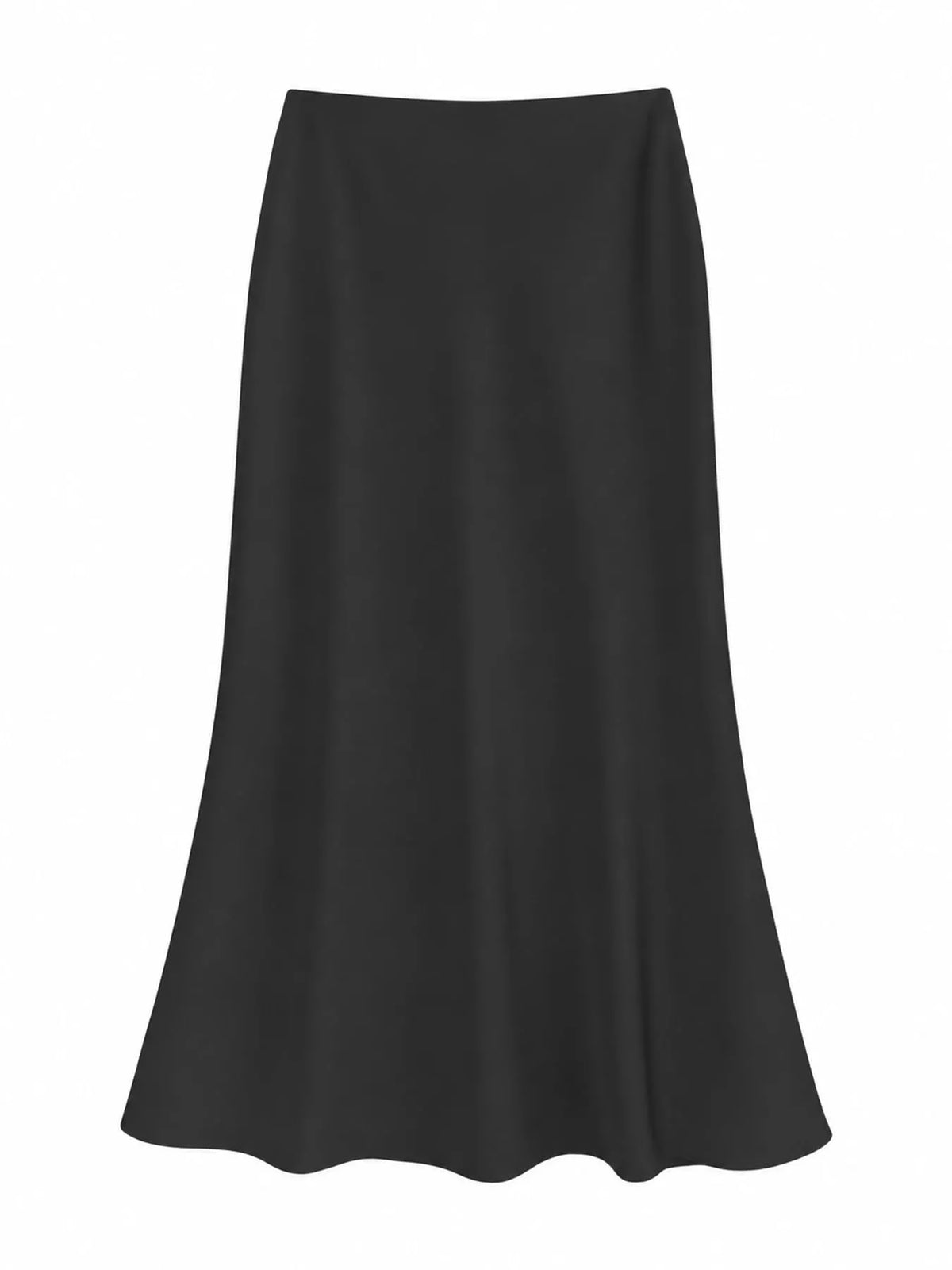 Front view of a black high-waisted satin midi skirt with a flared silhouette
