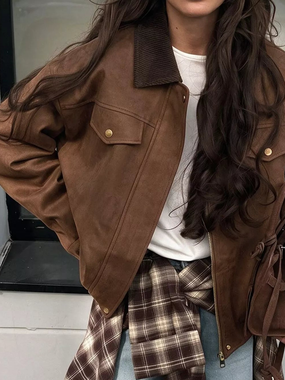 Brown zip-up jacket with snap chest flap pockets and stand collar