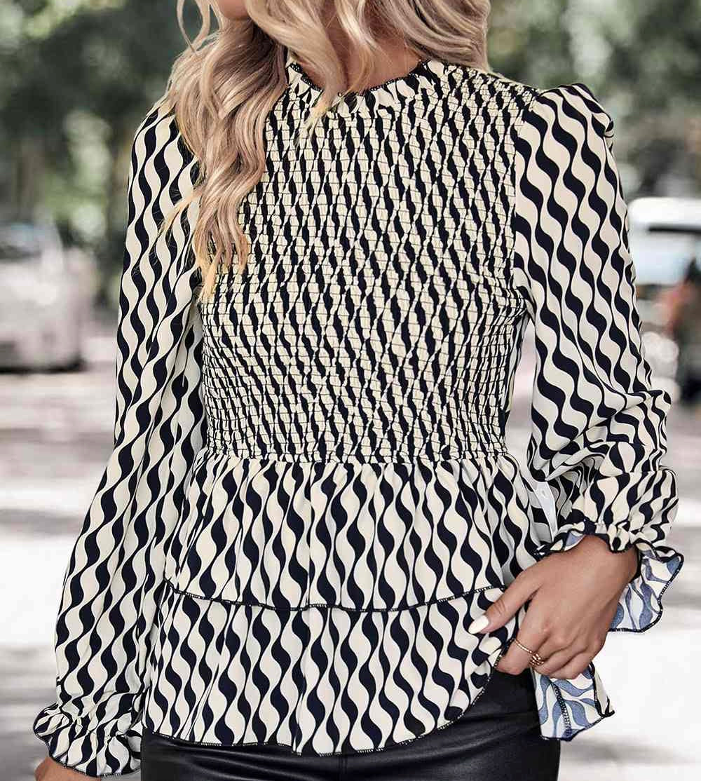 Printed Smocked Flounce Sleeve Blouse