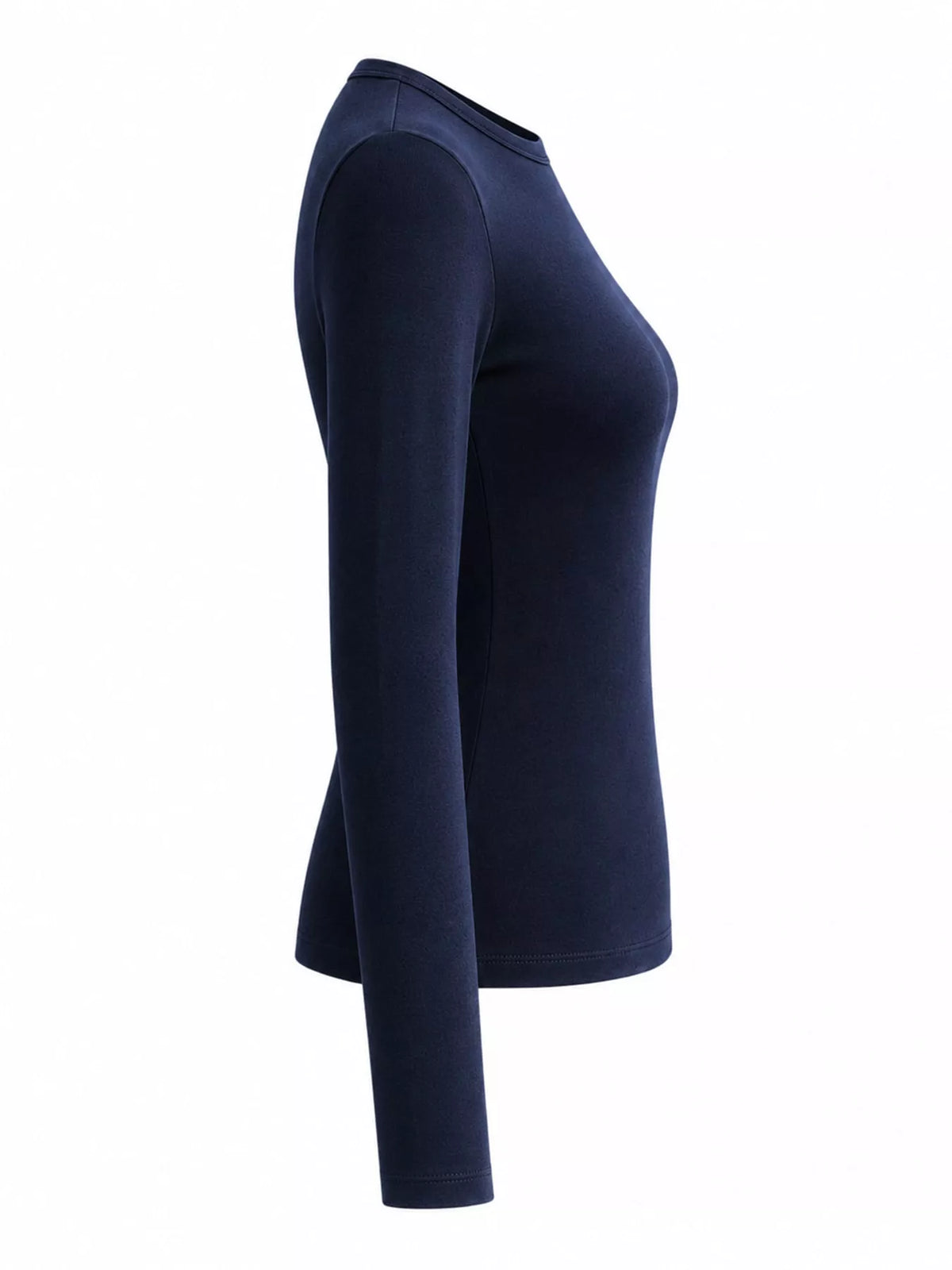 Navy slim-fit long sleeve crew neck T-shirt, side view showing sleeve and fit