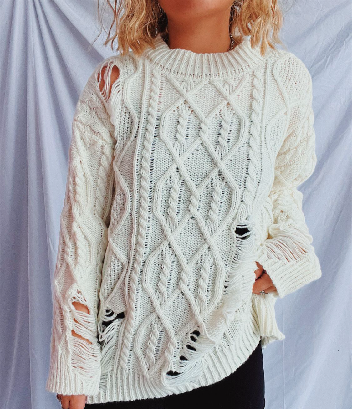 Distressed Cable-Knit Round Neck Long Sleeve Sweater