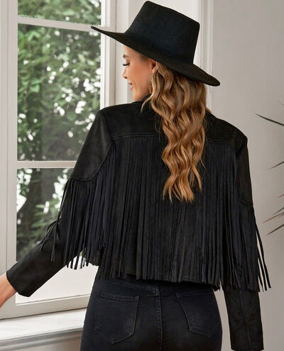 Fringe Trim Lapel Collar Cropped Blazer