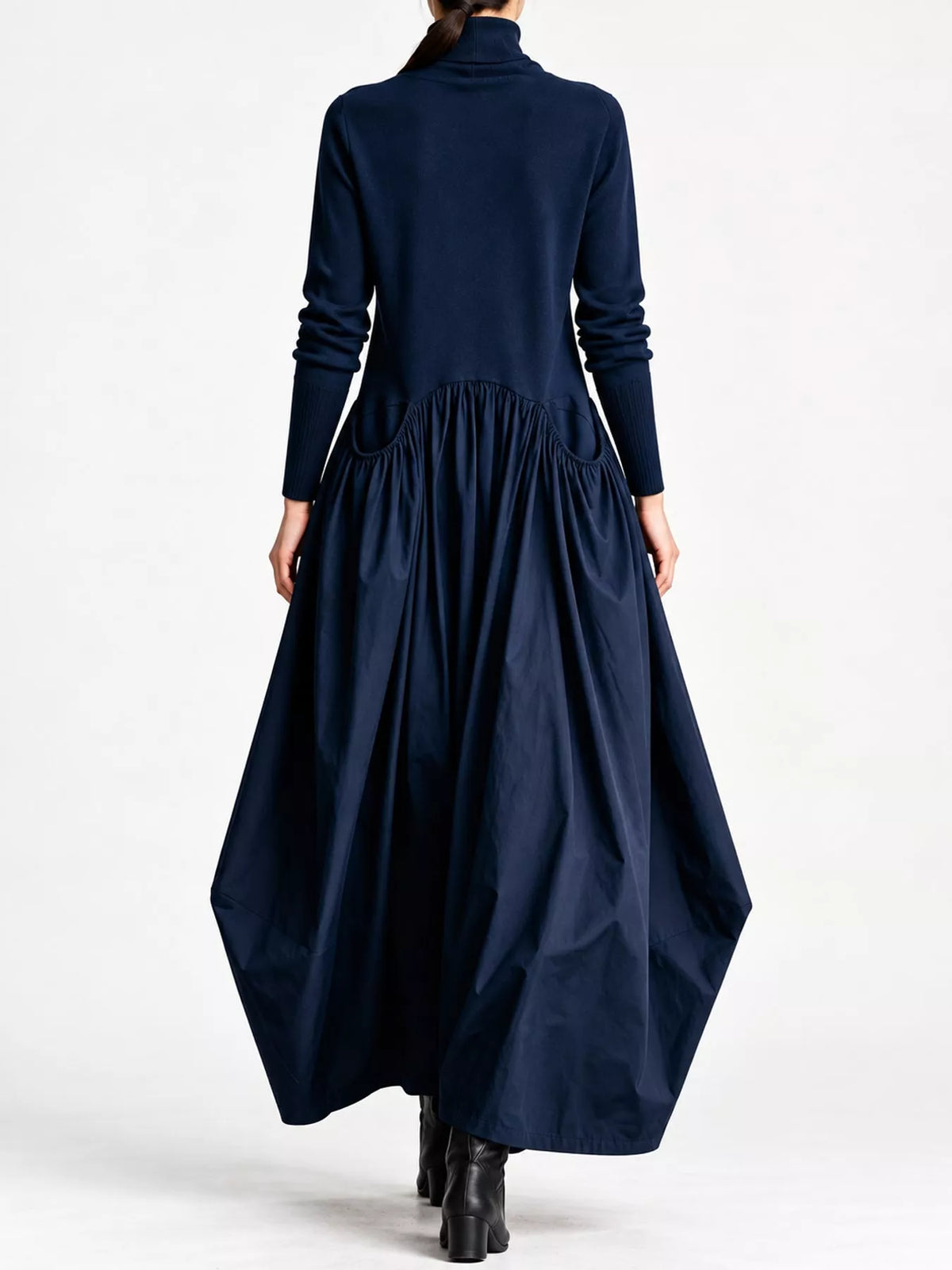 Navy long-sleeve maxi dress with high turtleneck and gathered skirt