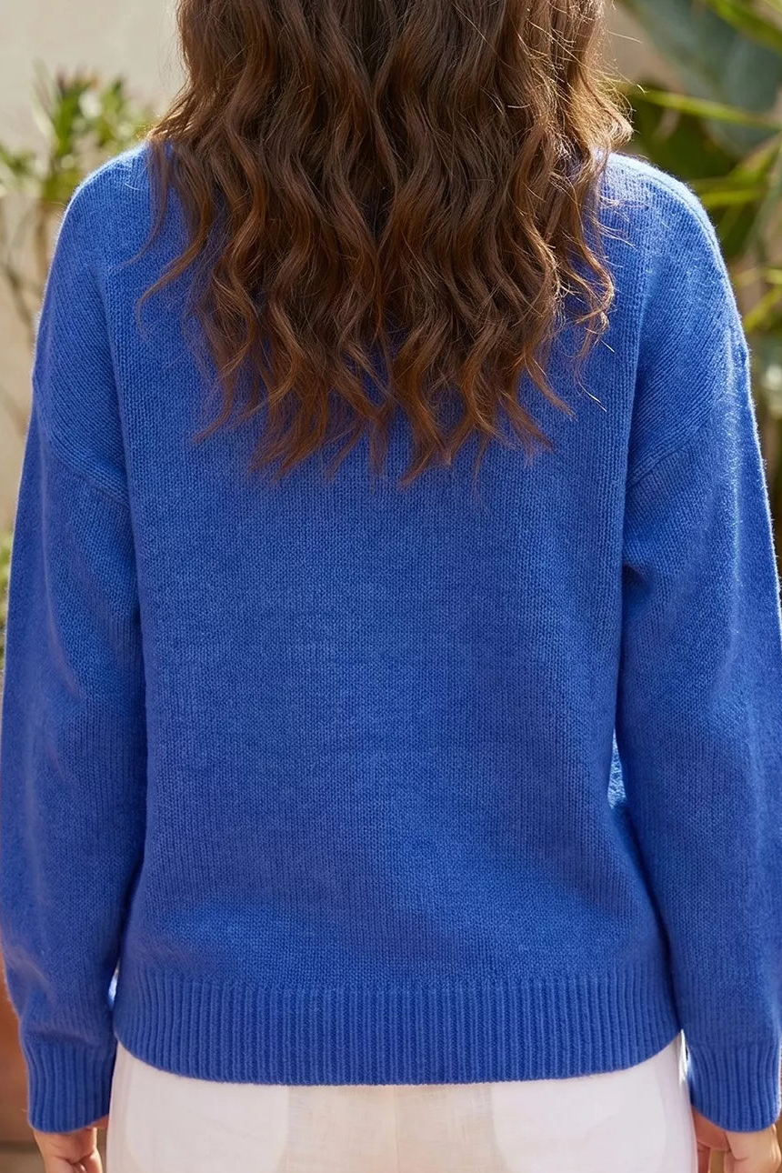 Royal blue crewneck drop-shoulder sweater, ribbed hem and cuffs